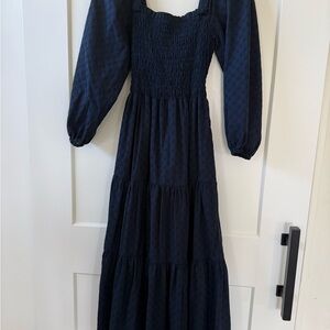 Madewell Navy Smocked Long-Sleeve Tiered Maxi Dress